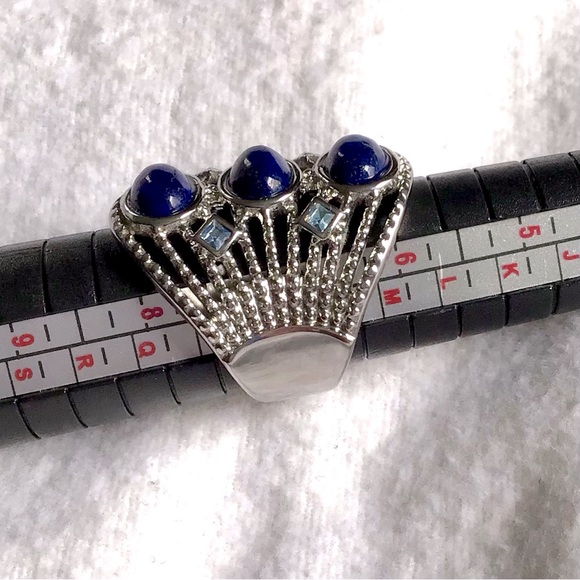 Lapis Lazuli 3 Stone Ring With Blue Austrian Crystal in Stainless Steel - Picture 4 of 6